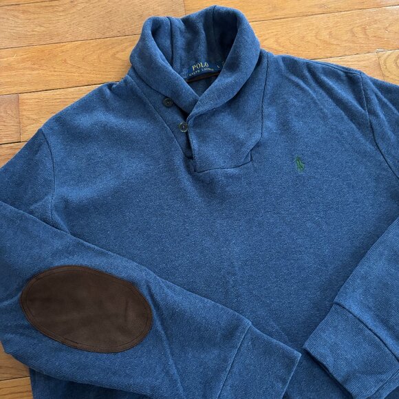 Polo Ralph Lauren Sweater Men‎ L Blue Shawl Collar Elbow Patches Pony Preppy - Picture 1 of 7